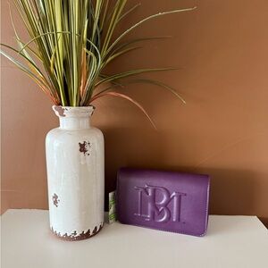 Badgley Mischka Crossbody Bag Magnetic Flap Debossed Logo Vegan Leather Plum